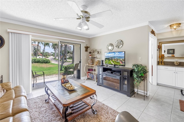 6011 Bahia Del Mar Blvd Unit 158, Saint Petersburg, FL 33715 - living room featuring a textured ceiling, crown molding, a ceiling fan, and light tile patterned flooring