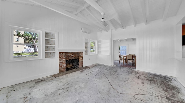 living area featuring a wall unit AC, a ceiling fan, a brick fireplace, wood walls, and vaulted ceiling with beams