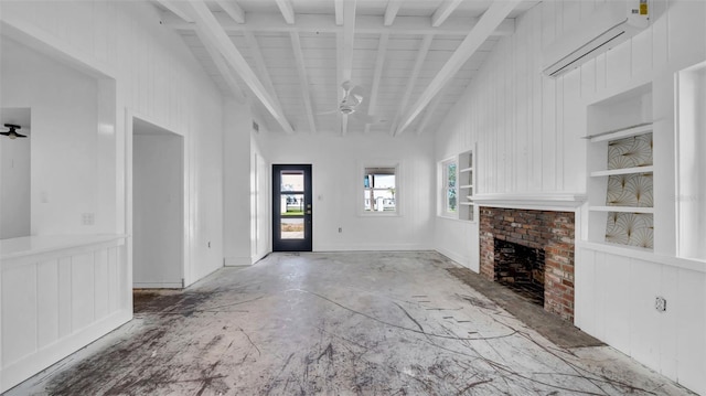 unfurnished living room with a fireplace and vaulted ceiling
