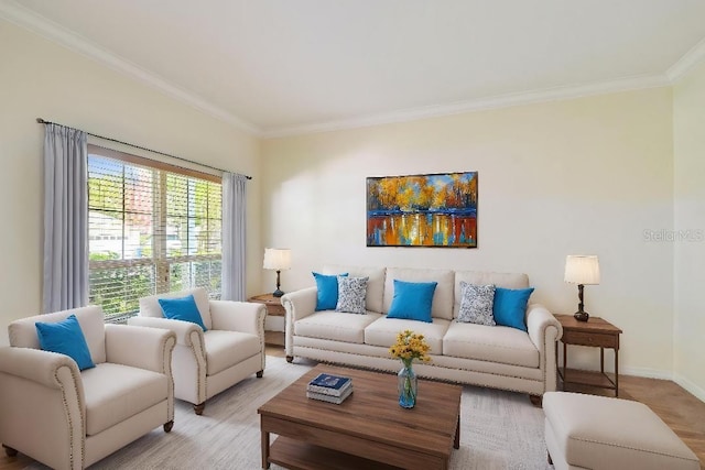 living area with baseboards and ornamental molding