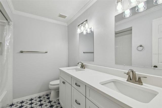 bathroom with a sink, crown molding, toilet, and visible vents