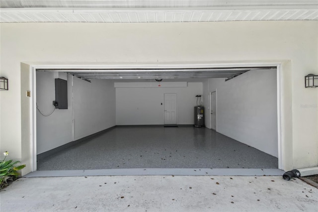 garage with electric panel and water heater