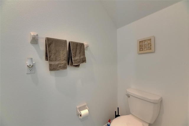 bathroom with toilet and lofted ceiling