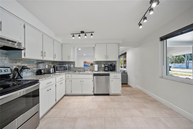 kitchen with appliances with stainless steel finishes, tasteful backsplash, a sink, white cabinets, and under cabinet range hood