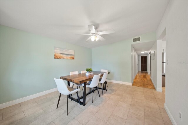 dining area featuring a ceiling fan, baseboards, visible vents, and light tile patterned flooring