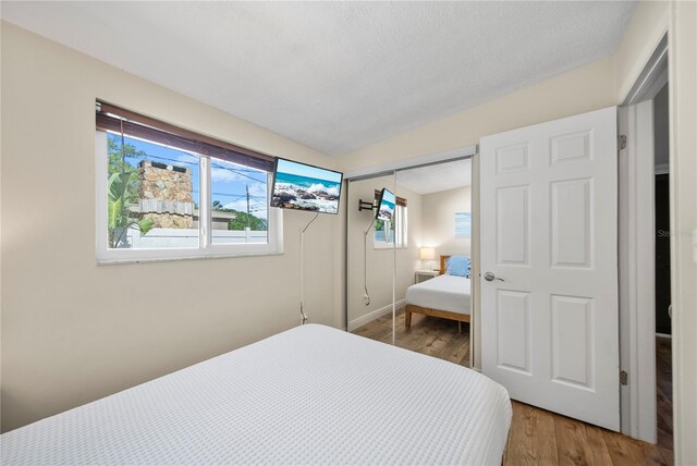 bedroom featuring vaulted ceiling, multiple windows, light wood-style flooring, and a closet