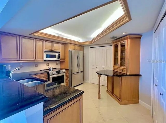 kitchen with brown cabinetry, baseboards, a tray ceiling, a sink, and appliances with stainless steel finishes