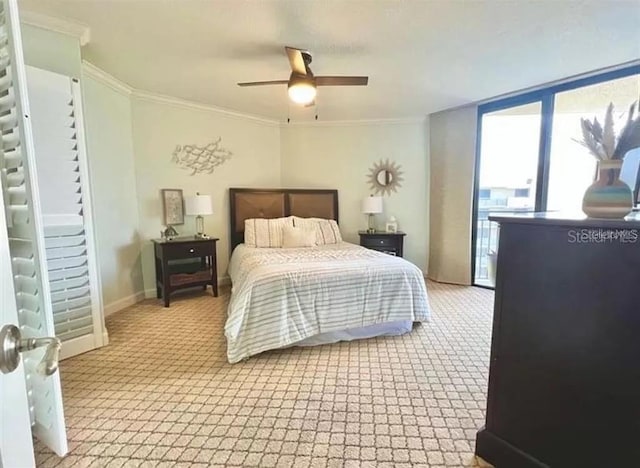 bedroom featuring a ceiling fan, baseboards, light colored carpet, and ornamental molding