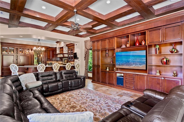 1102 Merry Water Dr, Lutz, FL 33548 - living area featuring visible vents, beamed ceiling, ceiling fan with notable chandelier, coffered ceiling, and recessed lighting