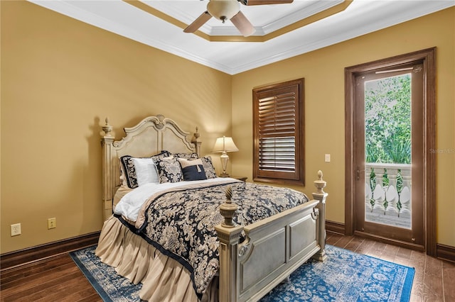1102 Merry Water Dr, Lutz, FL 33548 - bedroom featuring baseboards, access to exterior, ornamental molding, and dark wood-type flooring
