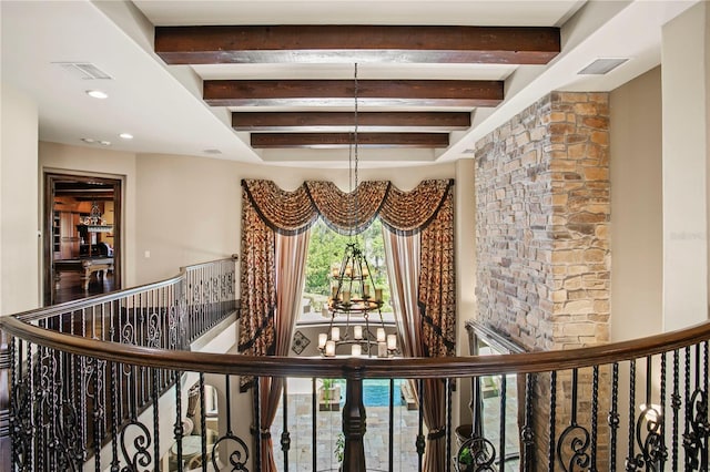 1102 Merry Water Dr, Lutz, FL 33548 - corridor featuring recessed lighting, visible vents, beam ceiling, and an upstairs landing