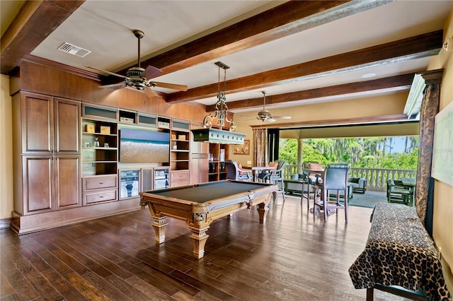 1102 Merry Water Dr, Lutz, FL 33548 - game room with visible vents, ceiling fan, beam ceiling, and dark wood-style floors