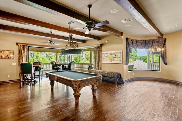 1102 Merry Water Dr, Lutz, FL 33548 - playroom with a ceiling fan, visible vents, baseboards, beamed ceiling, and wood-type flooring