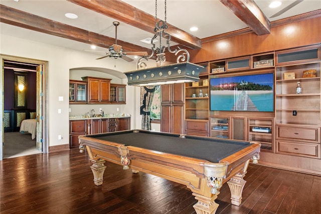 1102 Merry Water Dr, Lutz, FL 33548 - game room with pool table, wet bar, dark wood finished floors, and beam ceiling