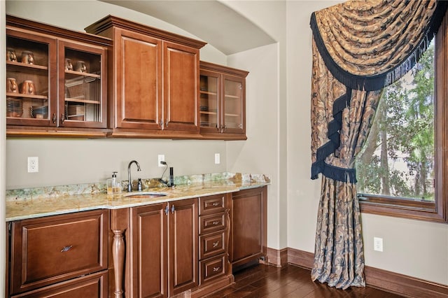1102 Merry Water Dr, Lutz, FL 33548 - bar with wet bar, a sink, dark wood-style floors, and baseboards