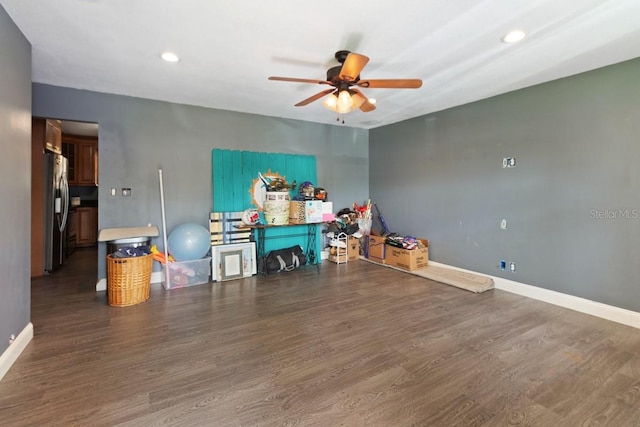 rec room with recessed lighting, ceiling fan, wood finished floors, and baseboards