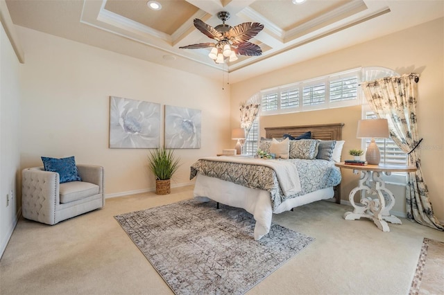 carpeted bedroom with crown molding, beamed ceiling, coffered ceiling, baseboards, and recessed lighting