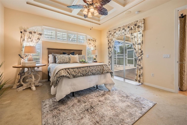 bedroom featuring coffered ceiling, access to outside, carpet, baseboards, and crown molding