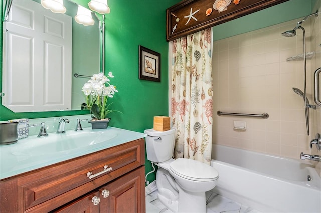 full bath featuring shower / bathtub combination with curtain, marble finish floor, toilet, and vanity