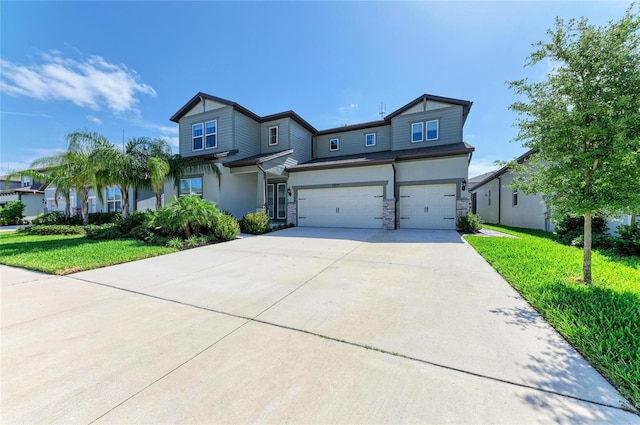 13071 Willow Grove Dr, Riverview, FL 33579 - view of front of home with stucco siding, an attached garage, driveway, and a front lawn