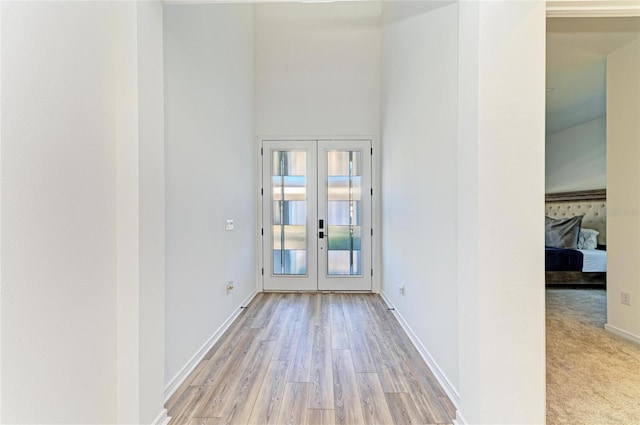 13071 Willow Grove Dr, Riverview, FL 33579 - doorway to outside featuring baseboards, french doors, wood finished floors, and a towering ceiling