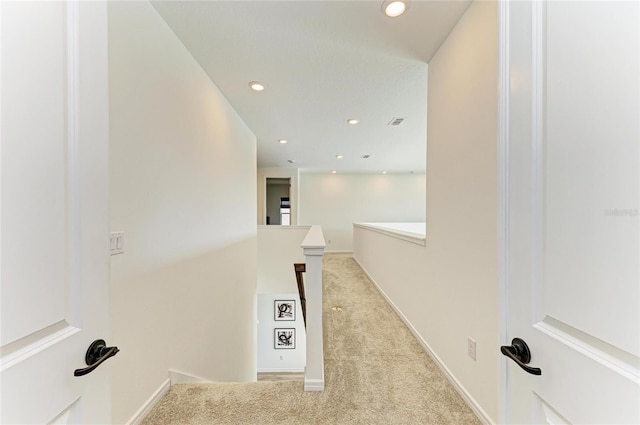 13071 Willow Grove Dr, Riverview, FL 33579 - hallway with carpet floors, recessed lighting, an upstairs landing, and visible vents