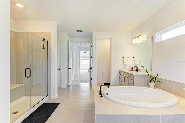 13071 Willow Grove Dr, Riverview, FL 33579 - bathroom with visible vents, vanity, baseboards, a bath, and a shower stall