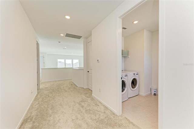 13071 Willow Grove Dr, Riverview, FL 33579 - washroom featuring laundry area, visible vents, light carpet, recessed lighting, and washing machine and clothes dryer