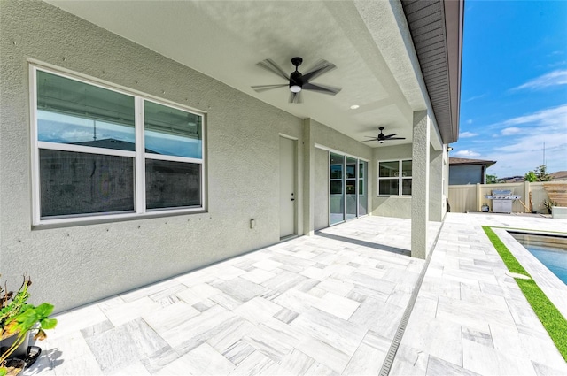 13071 Willow Grove Dr, Riverview, FL 33579 - view of patio / terrace featuring fence, a ceiling fan, and a fenced in pool