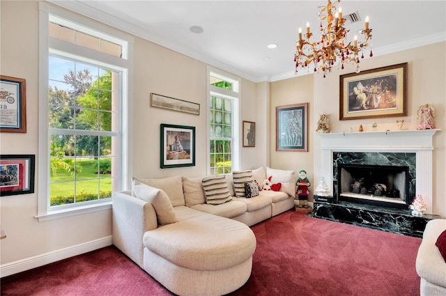 16470 Oakview Cir, Alva, FL 33920 - carpeted living area with crown molding, a premium fireplace, a chandelier, and baseboards