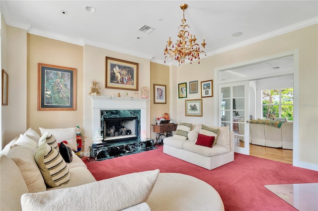 16470 Oakview Cir, Alva, FL 33920 - living area featuring ornamental molding, visible vents, a chandelier, and carpet floors