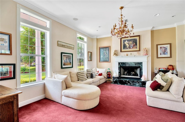 16470 Oakview Cir, Alva, FL 33920 - living room featuring baseboards, a wealth of natural light, crown molding, and carpet flooring