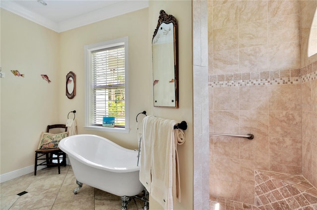 16470 Oakview Cir, Alva, FL 33920 - bathroom featuring crown molding, a tile shower, a freestanding tub, and plenty of natural light