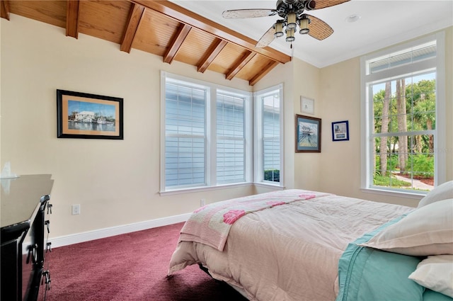 16470 Oakview Cir, Alva, FL 33920 - bedroom featuring lofted ceiling with beams, wood ceiling, ceiling fan, carpet flooring, and baseboards