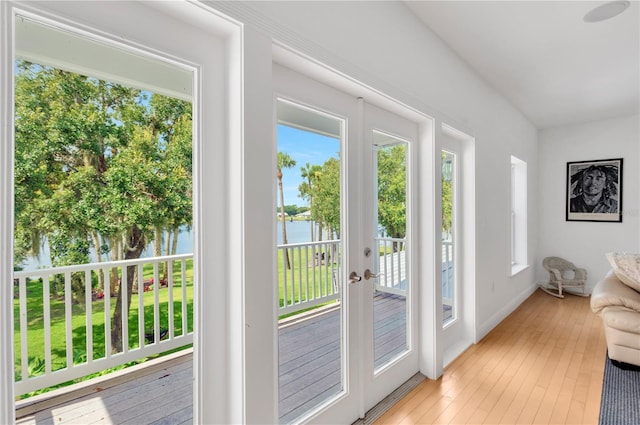 16470 Oakview Cir, Alva, FL 33920 - entryway featuring light wood-style floors, french doors, and a water view