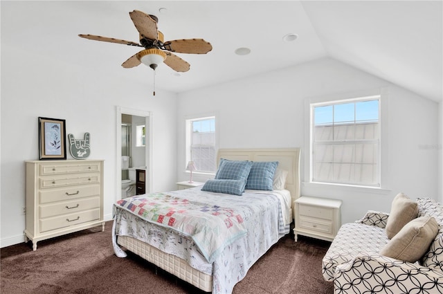 16470 Oakview Cir, Alva, FL 33920 - bedroom featuring dark colored carpet, ensuite bathroom, a ceiling fan, and lofted ceiling
