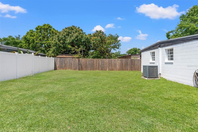 view of yard featuring central air condition unit and a fenced backyard