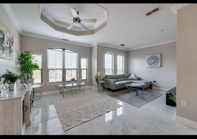 living area featuring baseboards, ceiling fan, marble finish floor, and visible vents