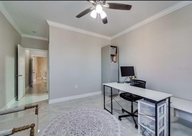 office area featuring crown molding, a ceiling fan, and baseboards