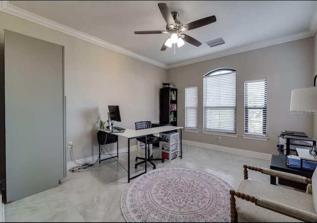 office space featuring visible vents, ornamental molding, baseboards, and ceiling fan