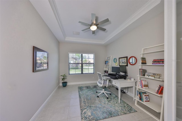 11909 Climbing Fern Ave, Riverview, FL 33579 - office featuring ceiling fan, tile patterned floors, a tray ceiling, visible vents, and ornamental molding