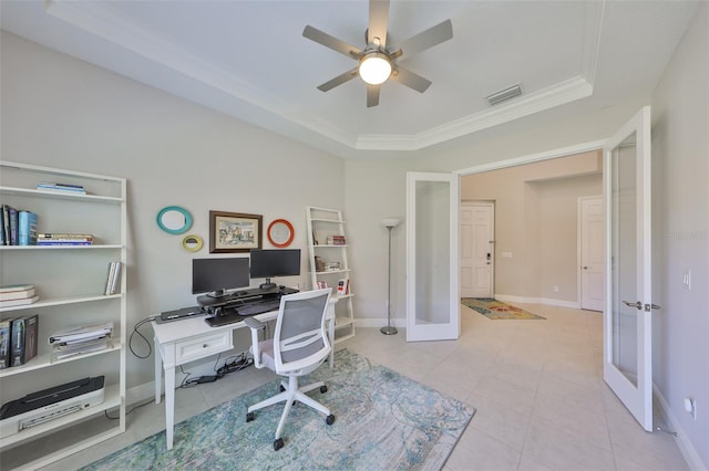 11909 Climbing Fern Ave, Riverview, FL 33579 - office with visible vents, ceiling fan, tile patterned floors, and a tray ceiling