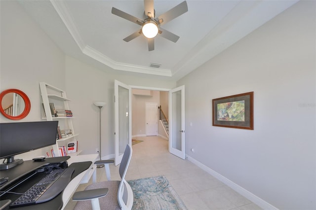 11909 Climbing Fern Ave, Riverview, FL 33579 - office space featuring light tile patterned floors, ornamental molding, ceiling fan, visible vents, and a raised ceiling
