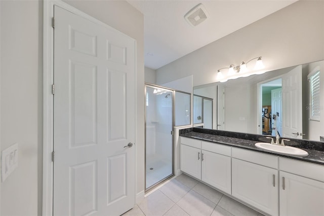 11909 Climbing Fern Ave, Riverview, FL 33579 - bathroom featuring tile patterned floors, visible vents, a stall shower, and vanity