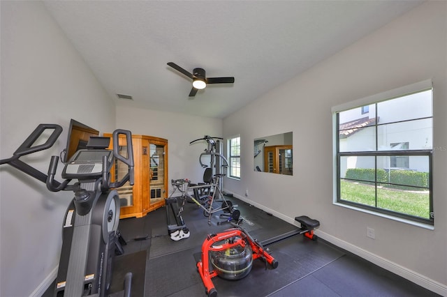11909 Climbing Fern Ave, Riverview, FL 33579 - workout room with a ceiling fan, visible vents, and baseboards