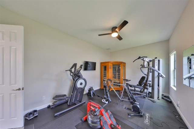 11909 Climbing Fern Ave, Riverview, FL 33579 - exercise room featuring ceiling fan, lofted ceiling, and baseboards