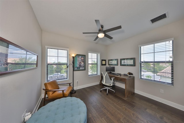 11909 Climbing Fern Ave, Riverview, FL 33579 - office area with visible vents, a ceiling fan, dark wood-style floors, and baseboards