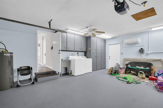 307 Orangewood Ln, Largo, FL 33770 - garage with ceiling fan, an AC wall unit, washer and clothes dryer, a garage door opener, and water heater