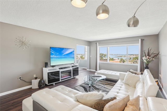 4725 Cove Cir Unit 604, Saint Petersburg, FL 33708 - living room featuring a textured ceiling, baseboards, and wood finished floors