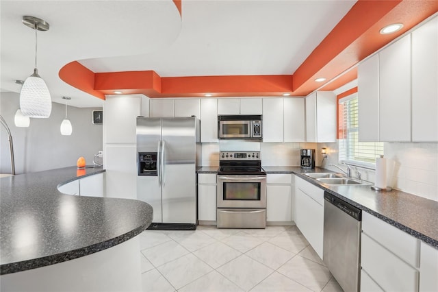 4725 Cove Cir Unit 604, Saint Petersburg, FL 33708 - kitchen featuring stainless steel appliances, a sink, dark countertops, tasteful backsplash, and white cabinets